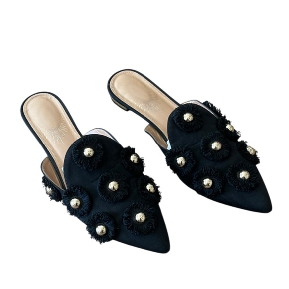 Aquazzura Shoes - AQUAZZURA Sunflower Embellished Faille Slipper Shoes In Black -Size 37 IT / 7 US